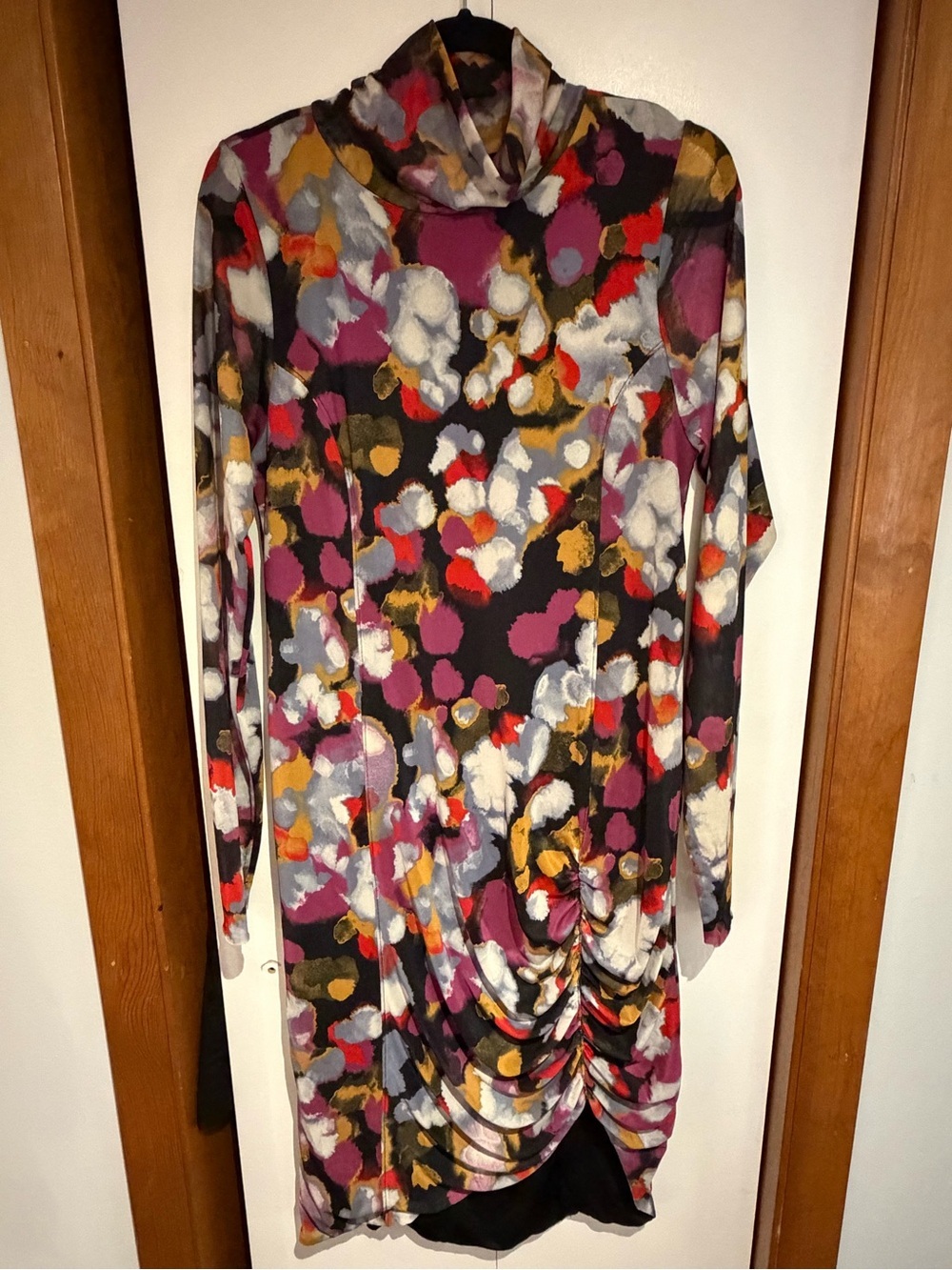 Open Edit Abstract Print Mesh Mock Neck Midi Dress Multi-Color - Women’s Size XL